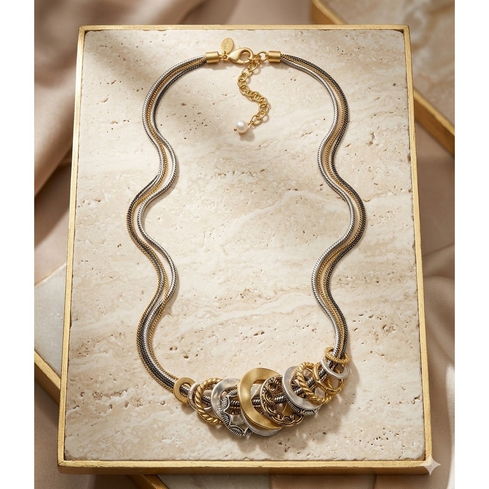 Chico's Mixed Metal Triple Snake Chain Statement Necklace Gold Silver Rings